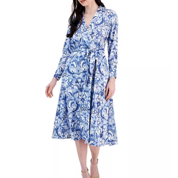 NWT Tahari Petite Hammered Satin Shirt Dress Faux Wrap Styling Long Sleeve Midi - Picture 1 of 16